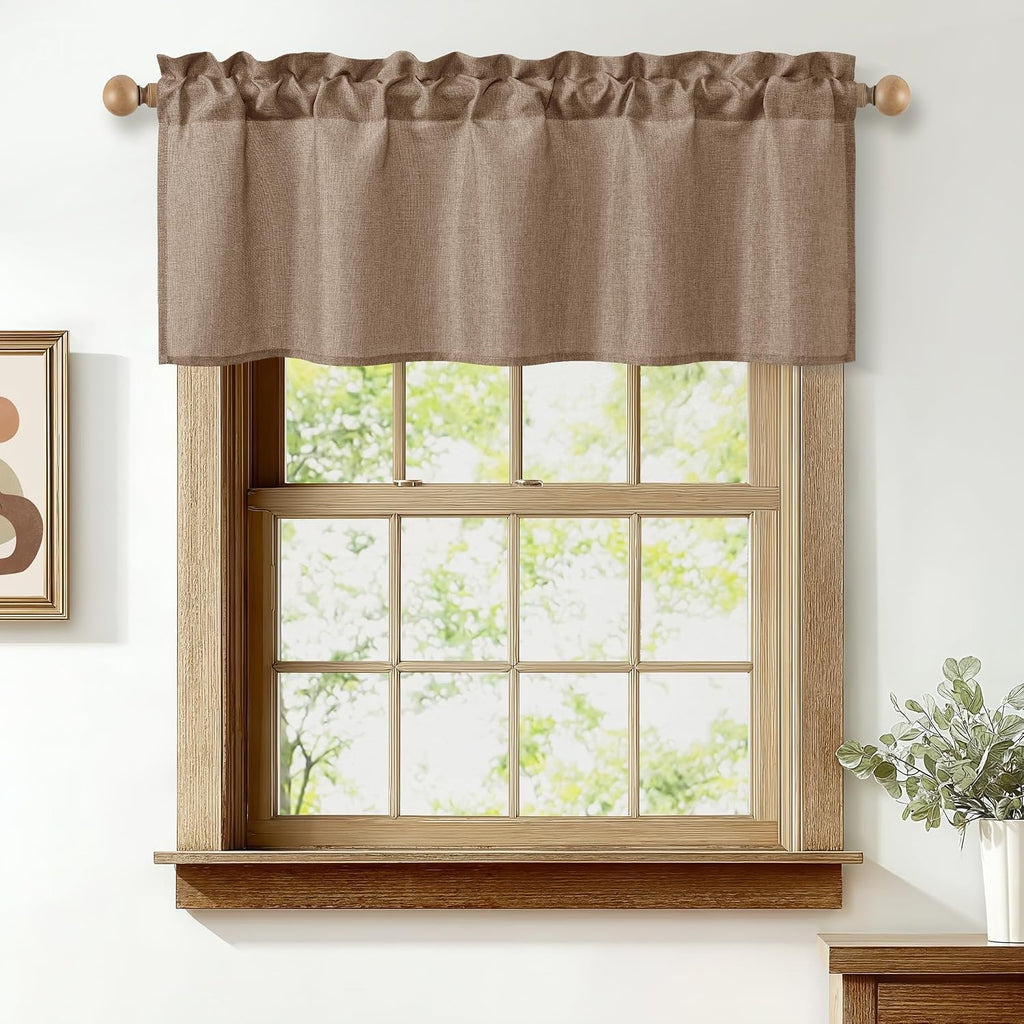 Faux Linen Window Valance - Khaki Light Filtering Rod Pocket Farmhouse Valances , 42x12 Inch, 1 Panel