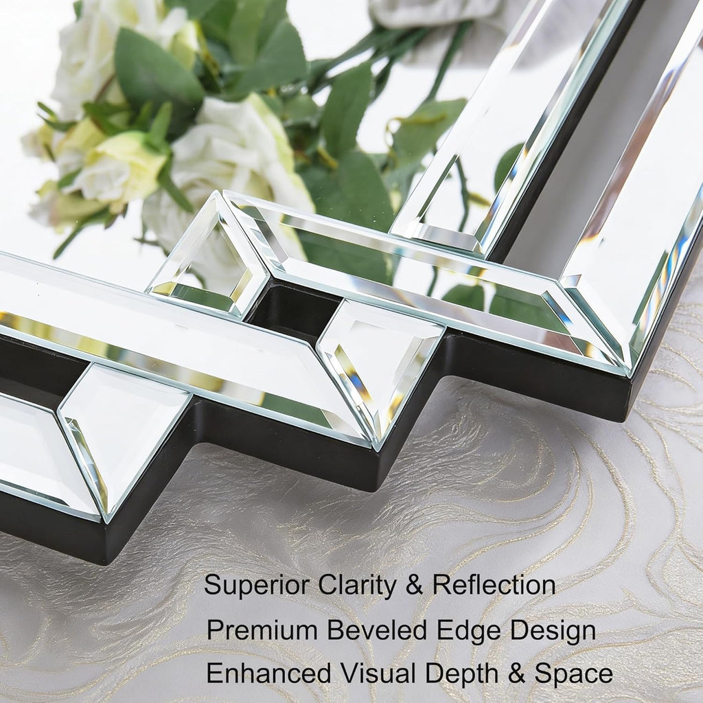 Modern Large Living Room Mirror with Mirrored Frame Decor, 24" X 36" Decorative Wall Mirror with Glass Pieces and