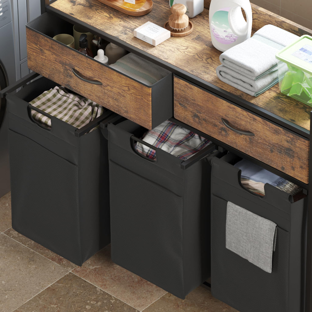 Laundry Sorter 3 Section with 3 Bags 4 Wheels 2 Drawers