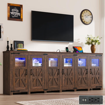 95" Large LED Farmhouse TV Stand for 100/90/80In TVs with Power Outlets, Tall Entertainment Center Storage