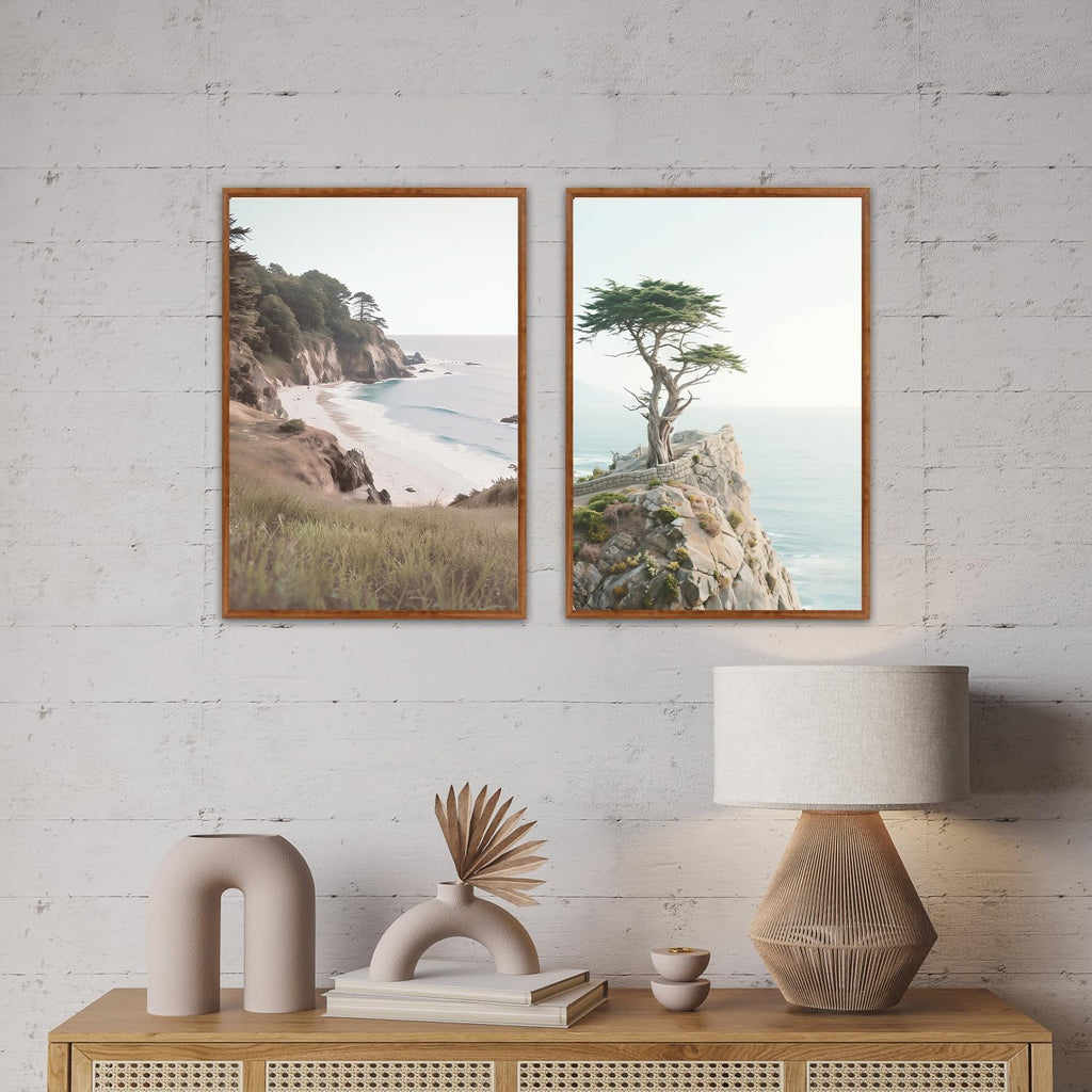 Coastal Seascape Framed Canvas Wall Art set of 3(12"X16")beauty steep Cliffs Beach Wall Decor,coastal palm tree