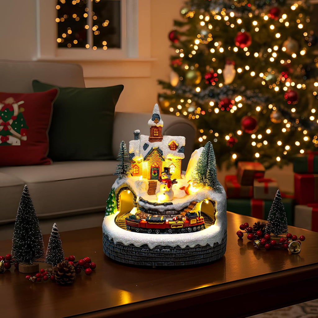 Animated Musical Christmas Village Figurines - Church Building and Snowman Statues with Rotating Train, LED Lights
