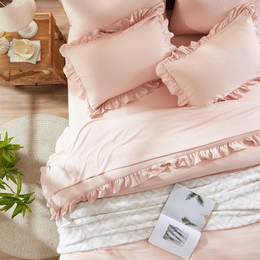 Twin Comforter Set 5 Piece for Girl, Pink Bed in a Bag with Sheets, All Season Ruffle Shabby Chic Bedding Sets with 1
