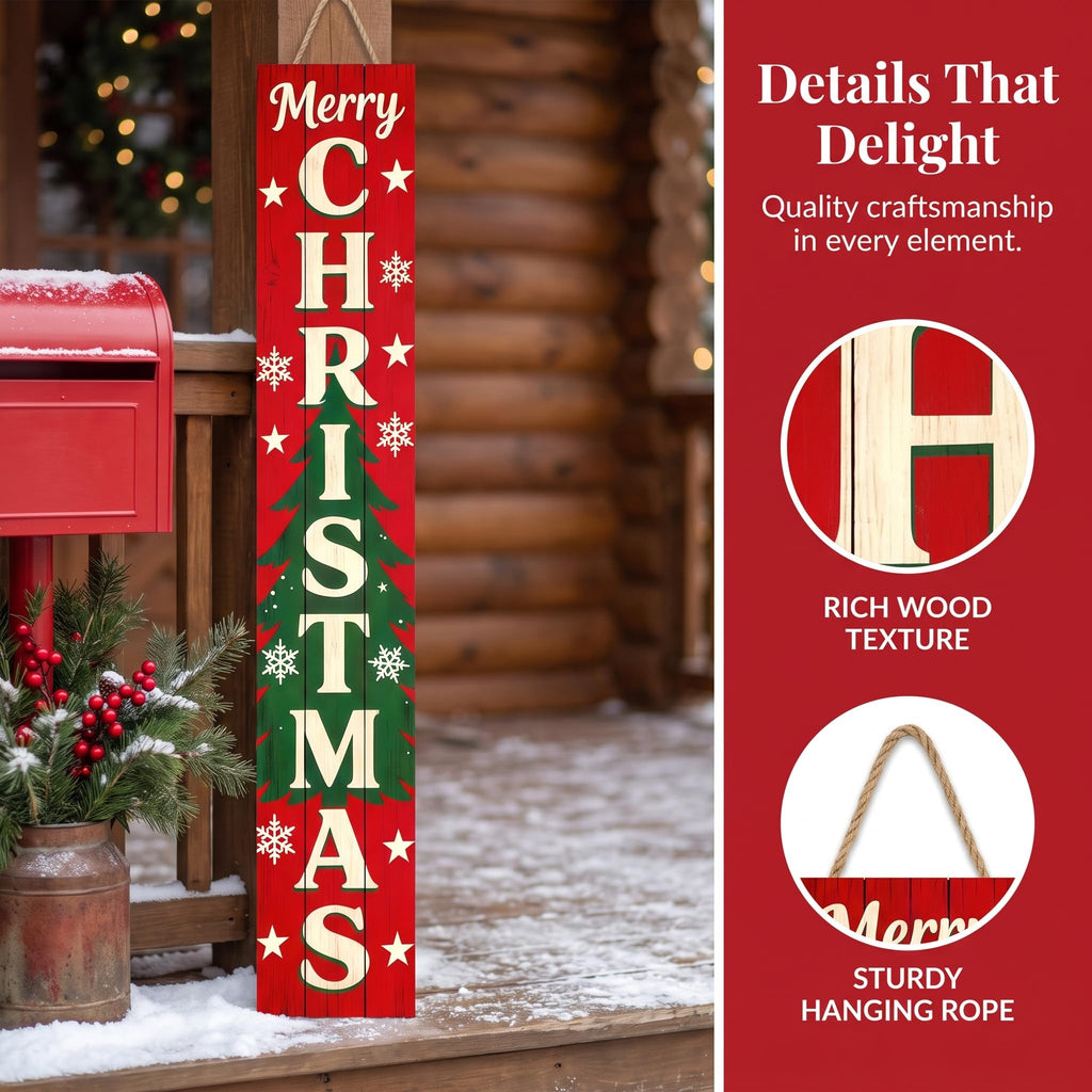 Vertical Merry Christmas Porch Sign, Rustic Wooden Xmas Standing Sign, Christmas Day Farmhouse Outdoor