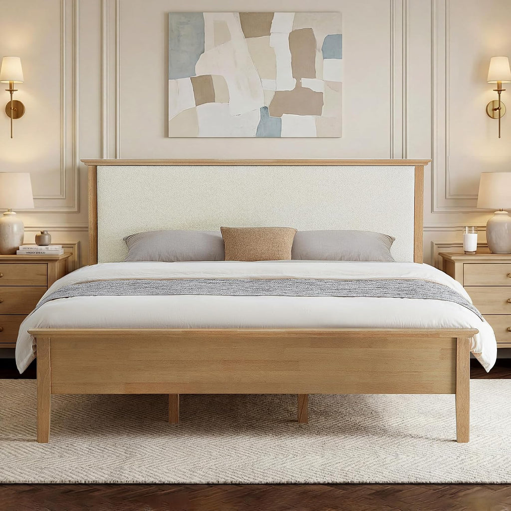 Queen Platform Bed Frame, with Boucle Upholstered Headboard & Wooden Slats Support, Modern Farmhouse Style Bed, No