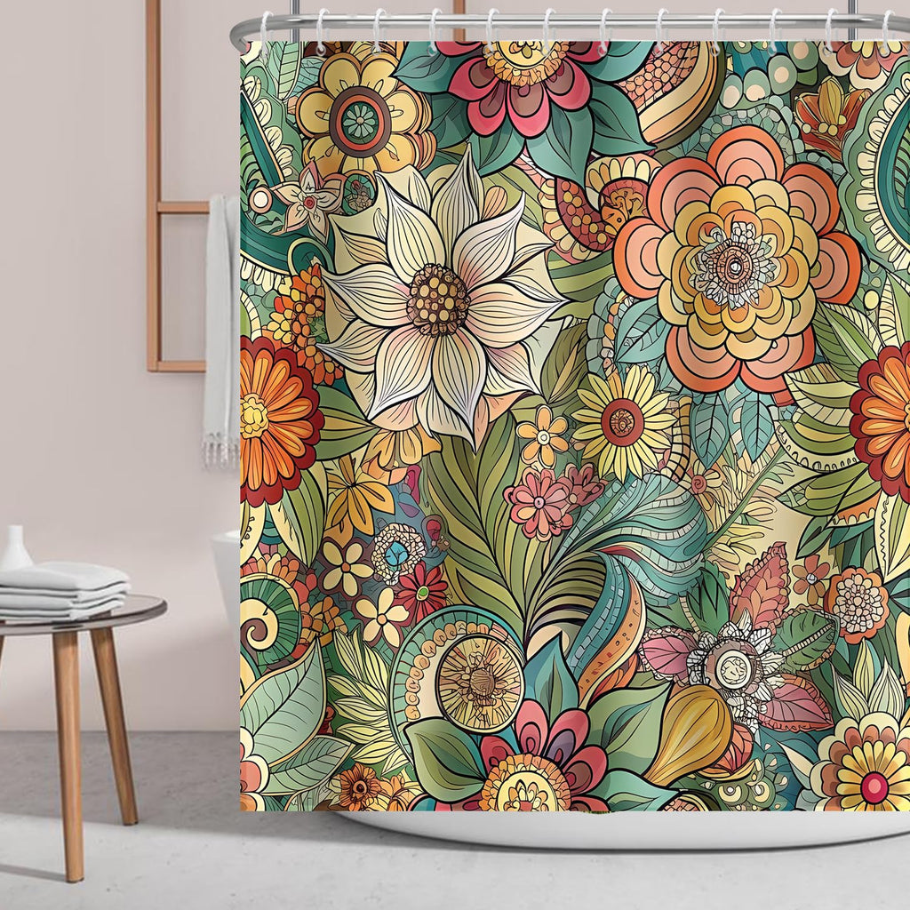 Flower Shower Curtain Retro Mandala Flower Leaves Boho 72x72 in