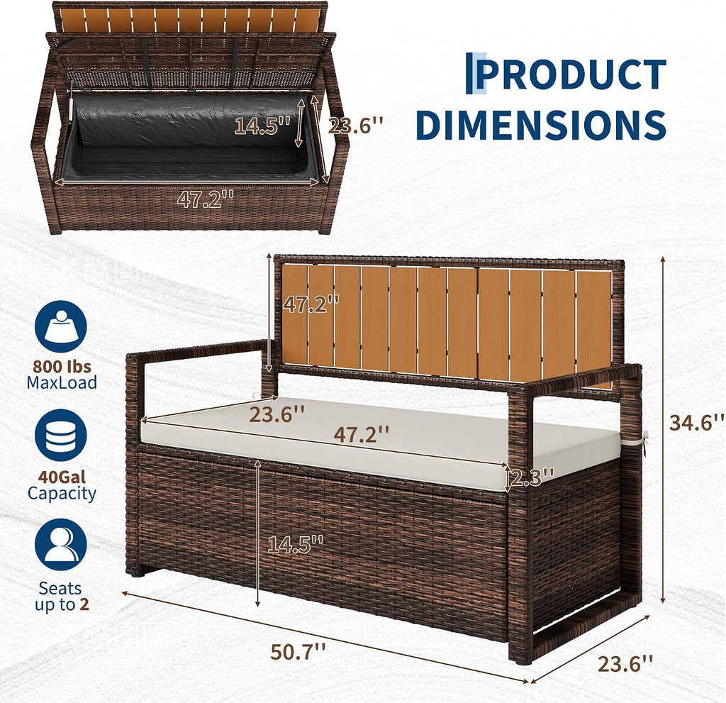 75 Gallon Outdoor Storage Bench with Cushion, 2-Seater PE Rattan Patio Storage Box with Backrest & Armrests