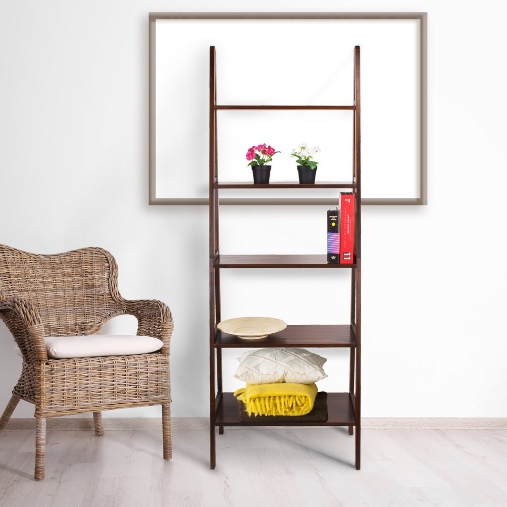 100% Solid Wood 5-Shelf Ladder Bookcase, Standard, 72"H, Warm Brown