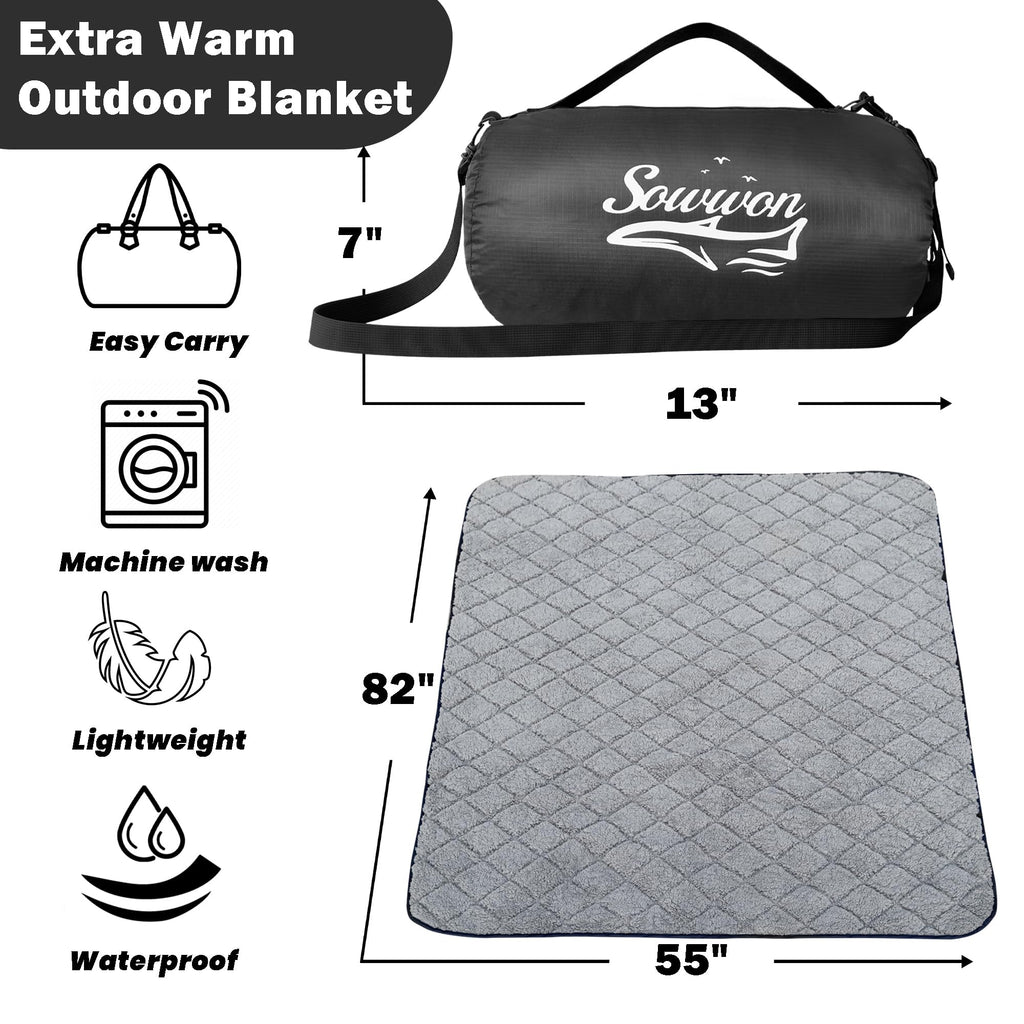 Waterproof Outdoor Blanket 82"x55" Large Sherpa Fleece Black