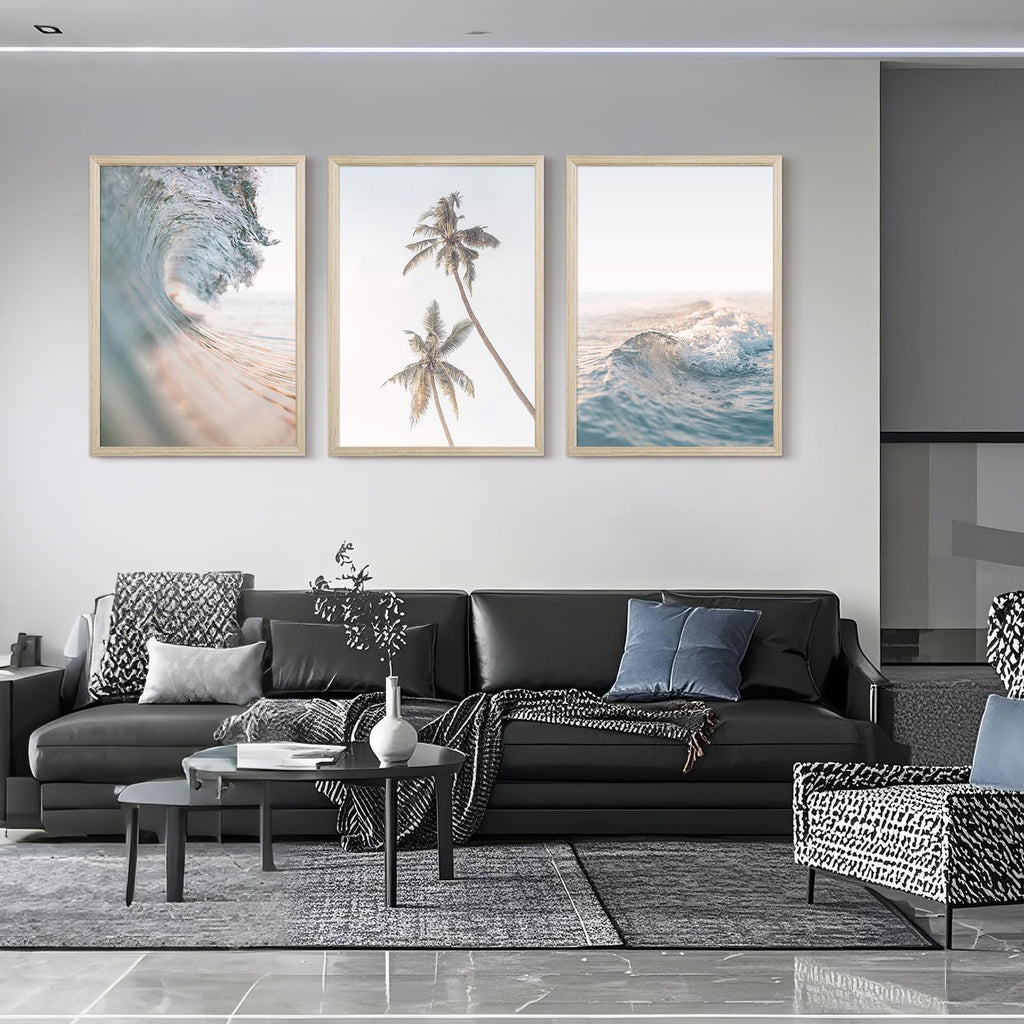 Beach Wall Art Pictures Coastal Canvas Wall Decor Ocean Waves Poster Blue Beach Scene Artwork Palm Tree Art Coastal