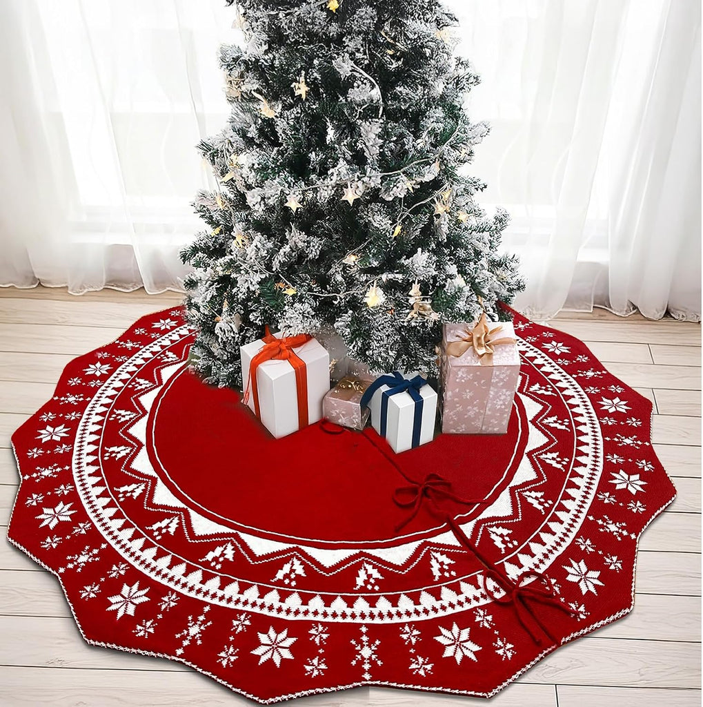 72 Inch Christmas Tree Skirt, Large Double-Sided Knit Snowflake Tree Skirts