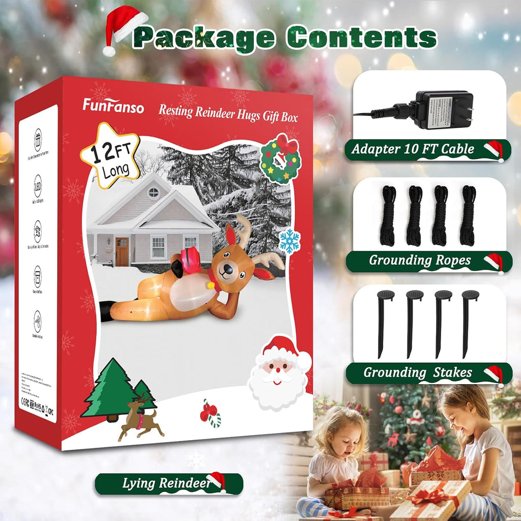 12 FT Giant Christmas Inflatable Reindeer Outdoor Decorations, Large Blow Up Reindeer with Gift Box Decor, Built-in