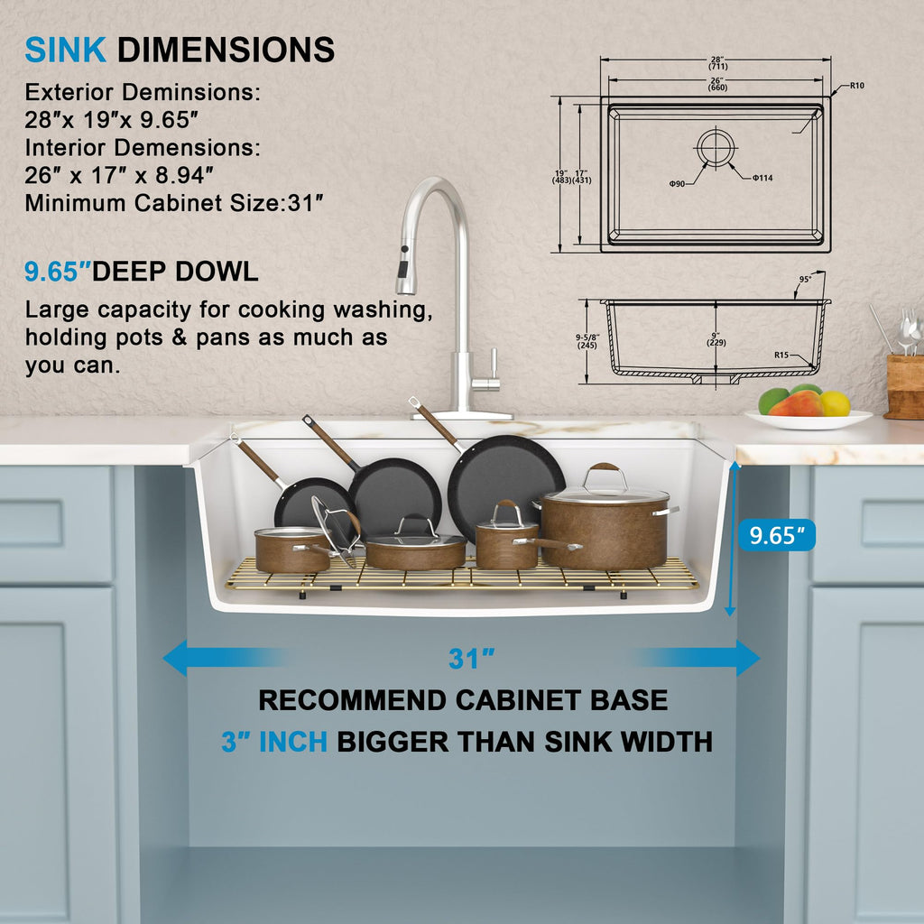 28"x19" Undermount White Granite Composite Kitchen Sink