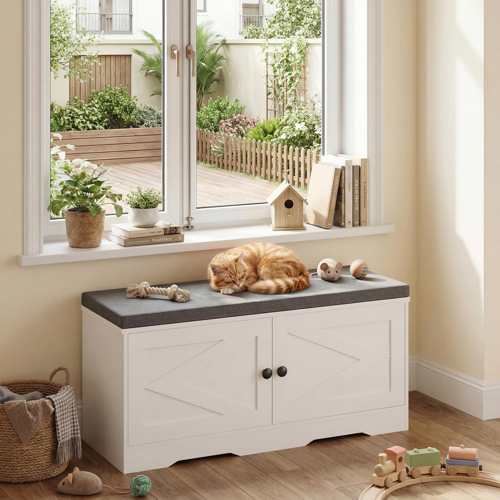 Shoe Storage Bench, 2 Tier Entryway Bench with Padded Seat Cushion, 2 Barn Doors, Adjustable Shelves, 39.37" Shoe