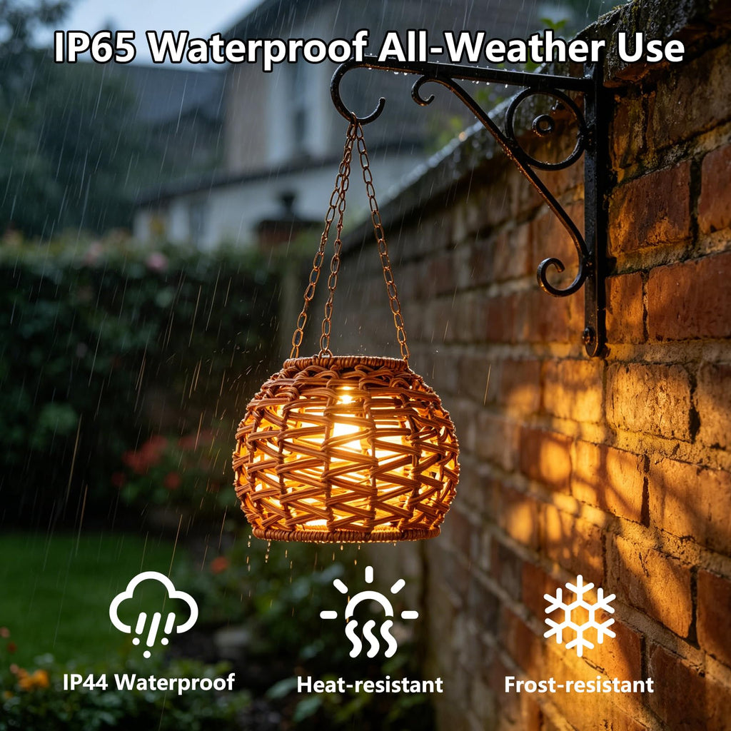 Solar Hanging Lanterns Outdoor Waterproof, 2 Pack Solar Chandelier Outdoor with 7.75in Boho Rattan Lantern, Hanging