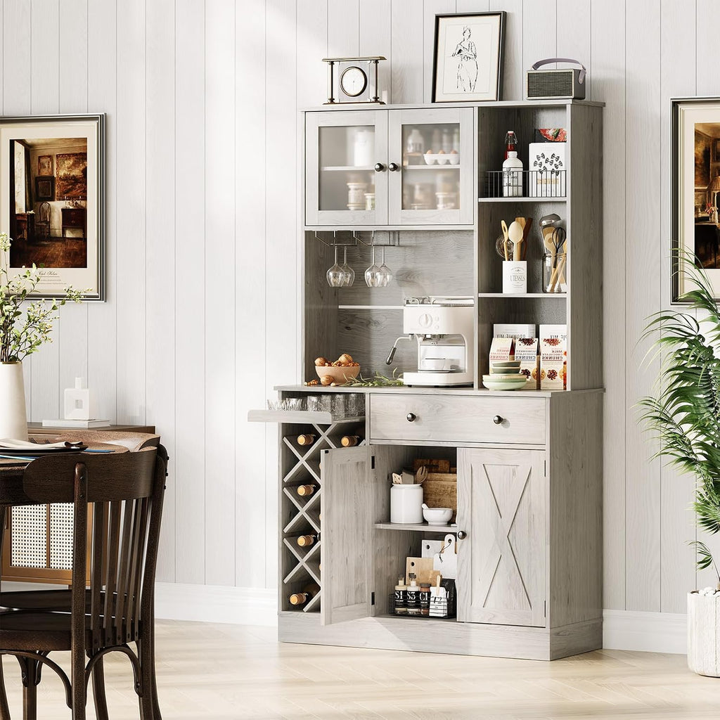 Contemporary Upright Storage Cabinet with Wine Bottle Rack | Built-in Outlet Spacious Shelves Multi-Functional