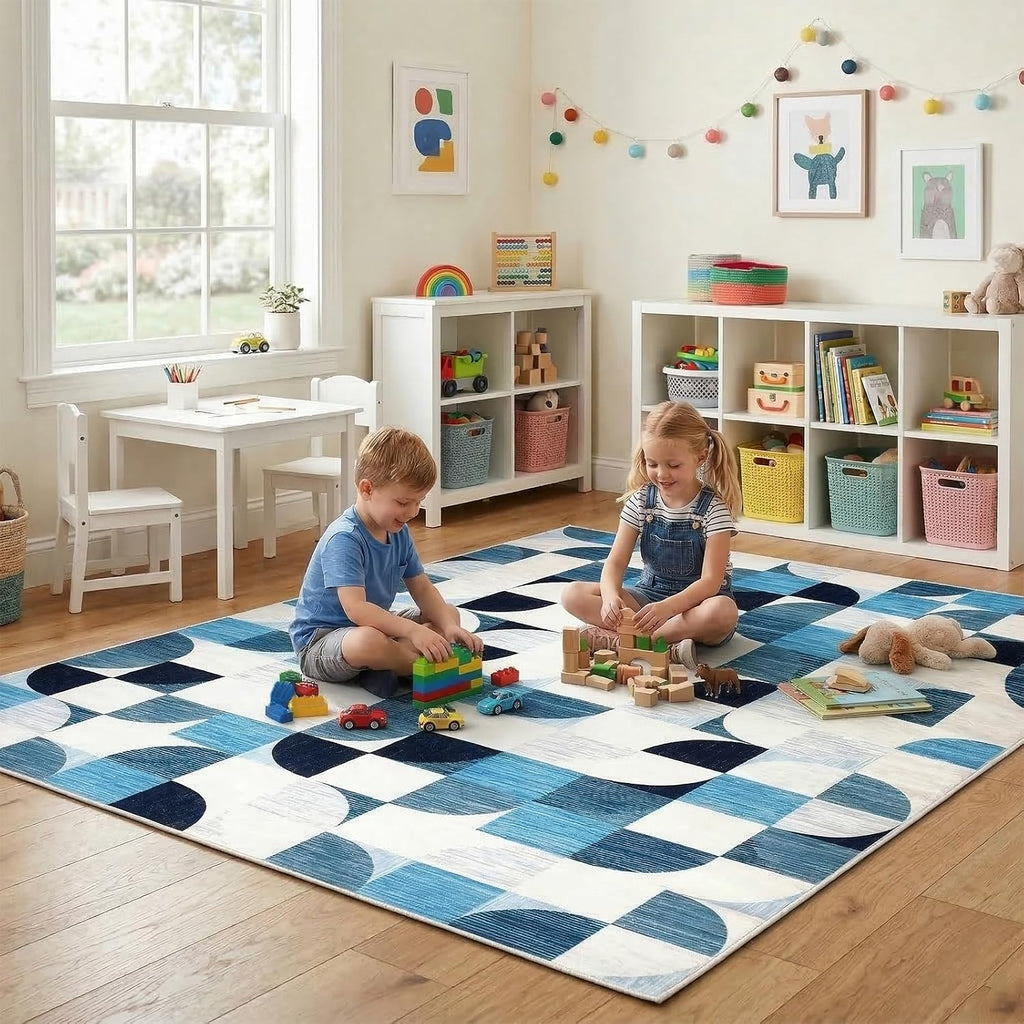 Washable Area Rug Geometric Style Modern Rugs, Blue Checkered Rug Soft Low Pile Lightweight Rugs Indoor Non Slip