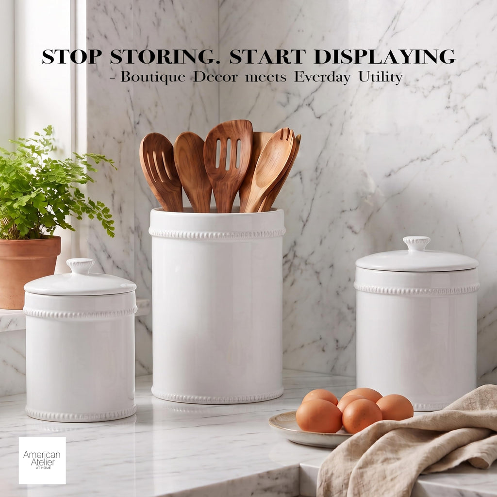 Ceramic Canister w/Lids Bianca Dash White, 3PC