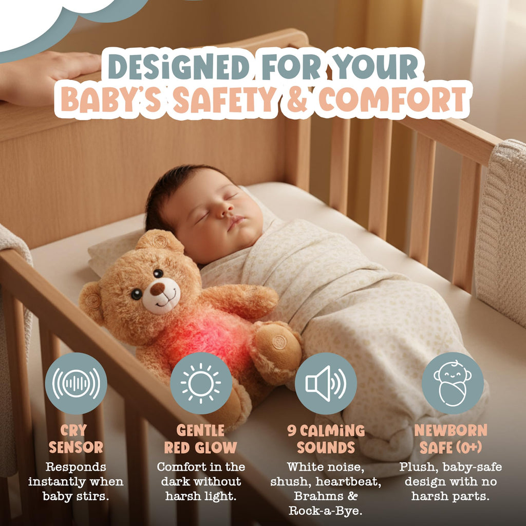 Teddy Bear Plush Heartbeat Sleep Soother for Newborns, 11 Inch