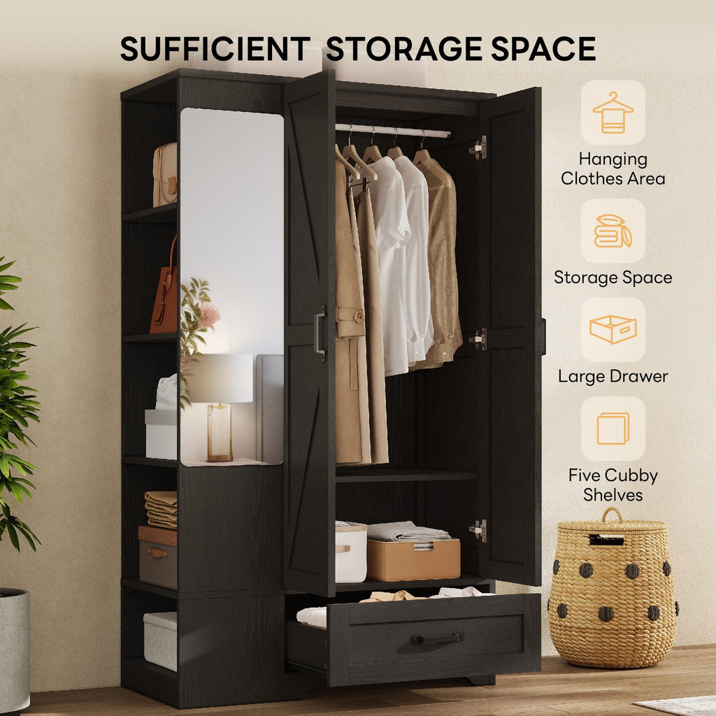 Armoire Wardrobe Closet 70 Inches, Large Storage with Mirror, 2 Doors, Drawer, and Shelves, Modern Bedroom