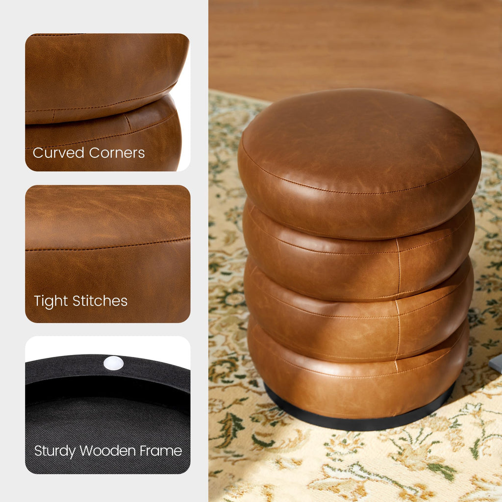 Set of 2 Modern Storage Ottomans, Upholstered PU Leather Accent Footrest Ottomans, Round Vanity Foot Stools with
