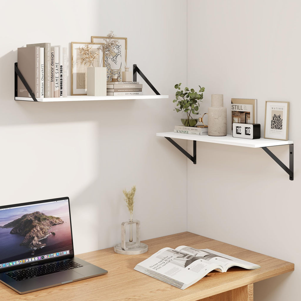 White Deep Floating Shelves for Wall, 24W x 8D Wood Wall Shelves Set of 2, Wide Floating Bookshelf and Decor Storage