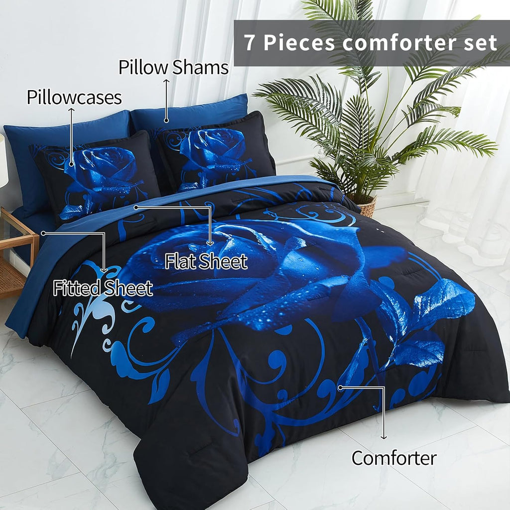 Xruibed Blue Comforter Set Queen 7 Piece Bed in a Bag Blue Rose Comforter with Sheet Set Soft Micorfiber Reversible