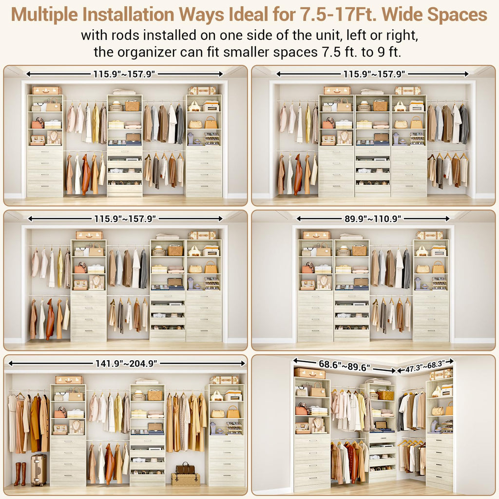 Closet System with 12 Drawers, 8.5-11.5Ft Wood Closet Organizer