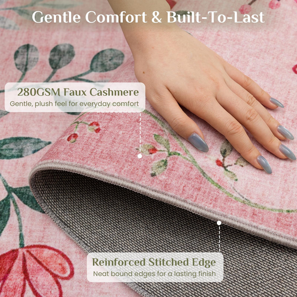 Floral Runner Rug 2x8, Washable Rug, Pink