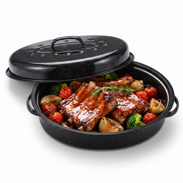 15"Oval Roasting Pan With Lid Small Chicken Roaster, With 13.7in Inner Diameter Enamel Steel Roasting Pot Suitable for