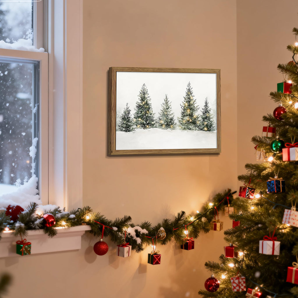 Vintage Christmas Pine Tree Wall Art, Nature Snowy Forest Canvas Wall Decor Painting, Neutral Farmhouse Christmas