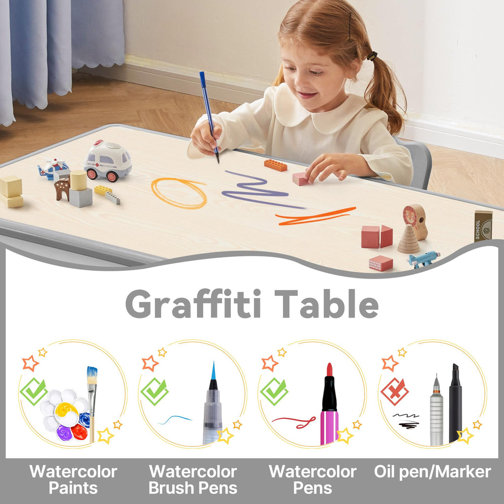 Kids Study Table and Chairs Set, Height Adjustable Toddler Table and Chair Set for Kids Ages 3-8, 31.5" L x 23.6" W