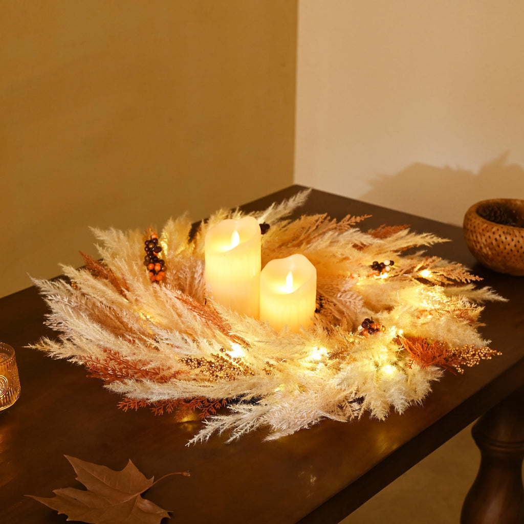 24'' Neutral Fall Pampas Wreath with Lights for Front Door