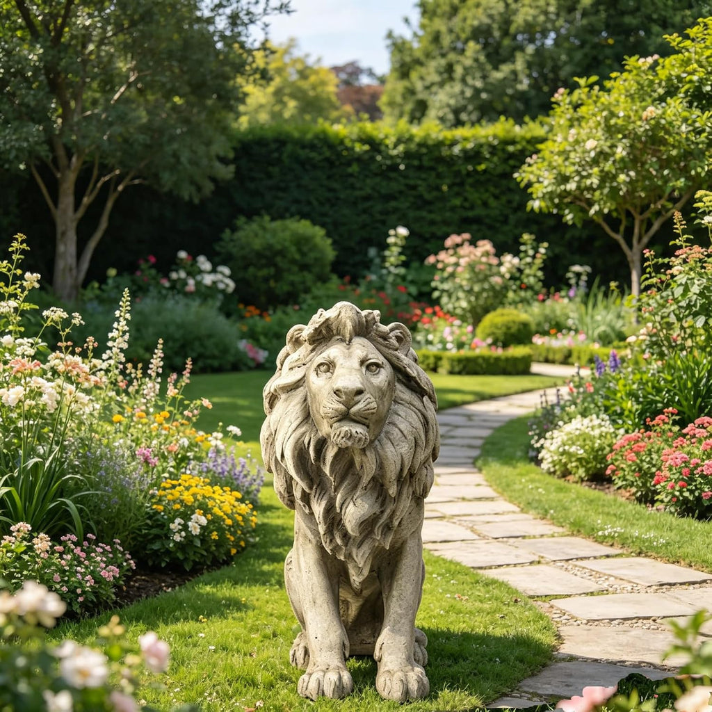 Garden Outdoor Statues Lion Statue - 20Inch Garden Decor Statue Antique Lion Stone with Long Hair Outdoor Indoor