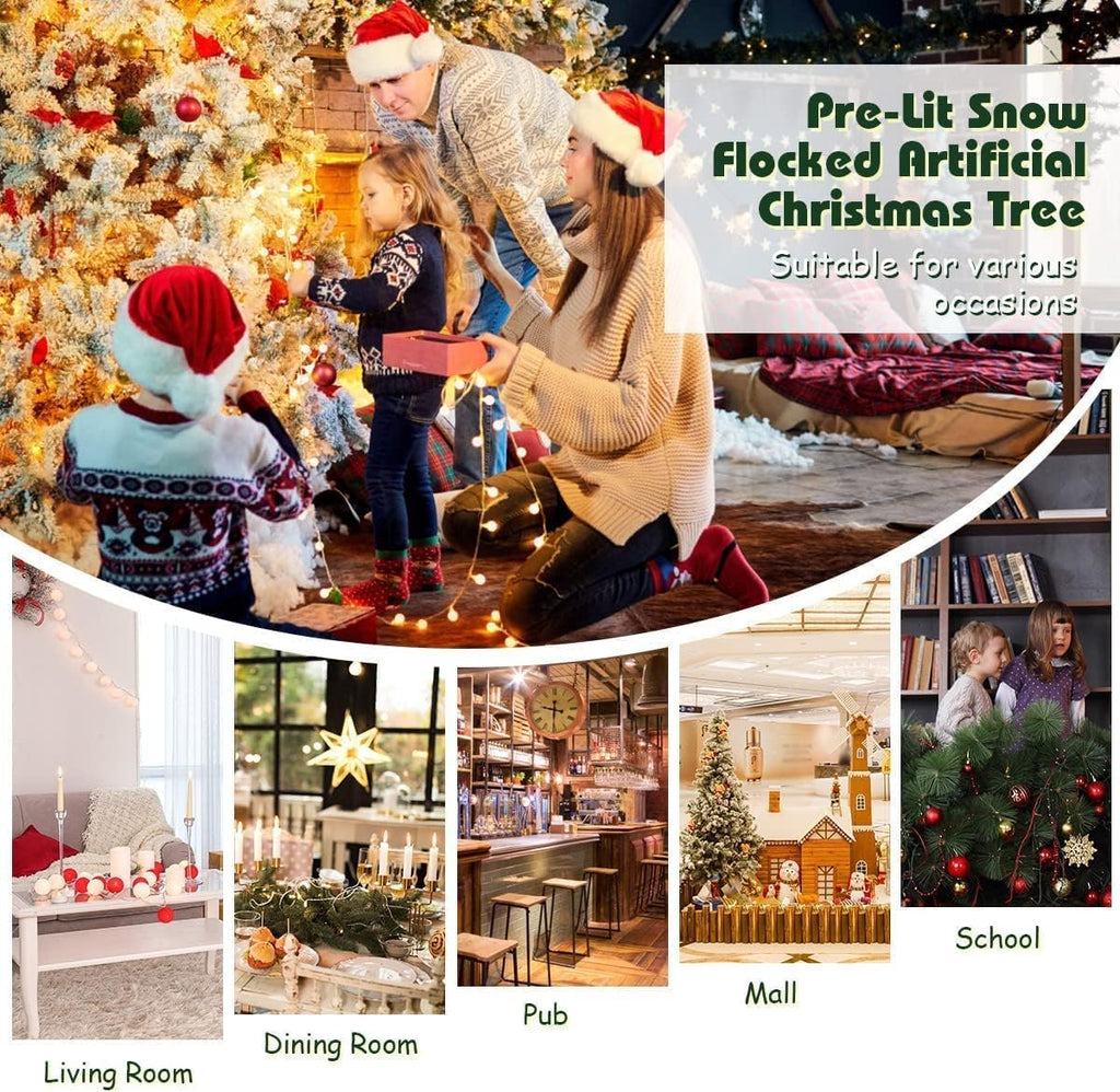 Pre-lit Snow Flocked Artificial Christmas Tree w/ 1498 PVC Branch Tips, Pre-Strung 550 Warm White Led Lights