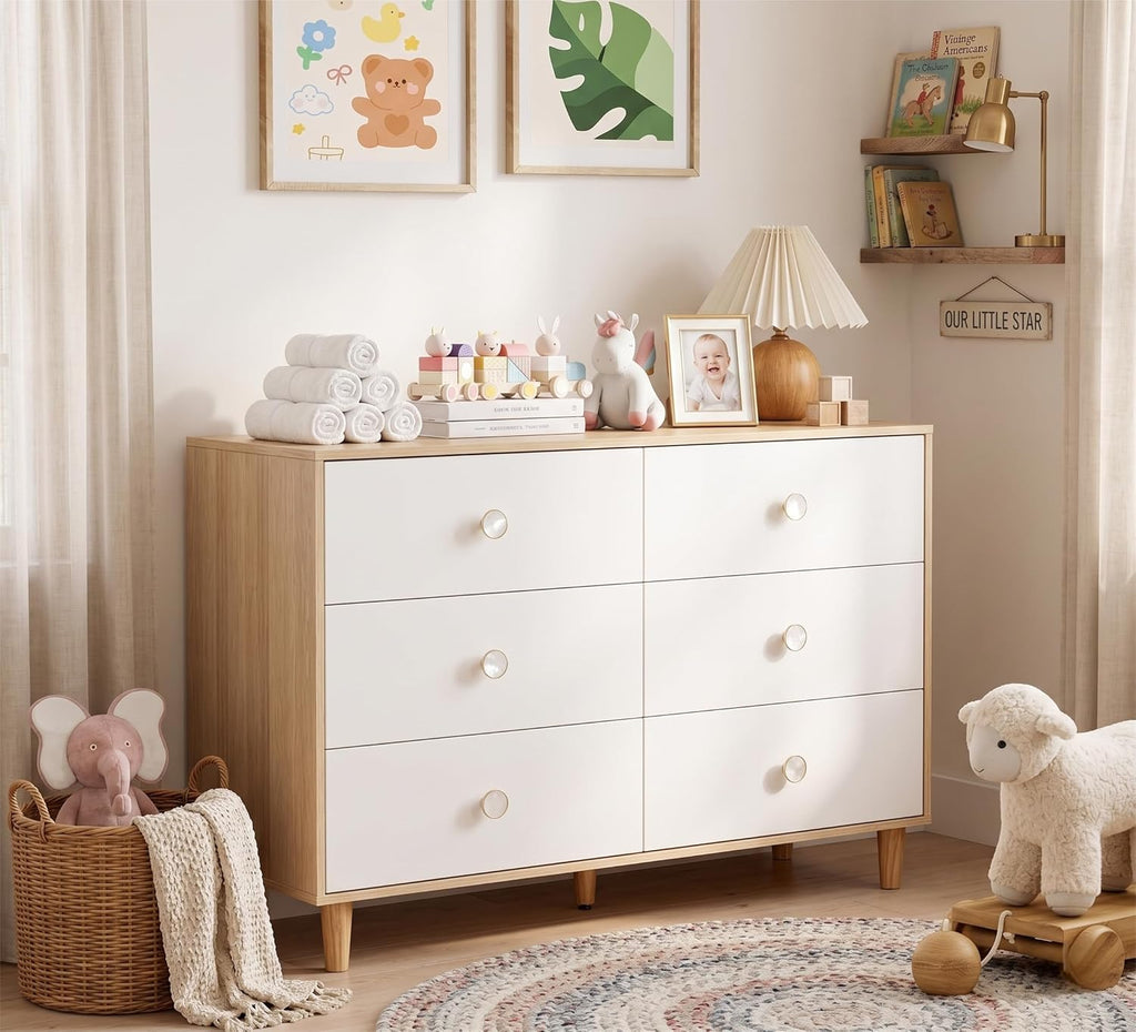 White Dresser , 6 Drawer Dressers with Solid Wood Legs, Baby Dresser for Kids, Storage for Clothes and Baby Essentials