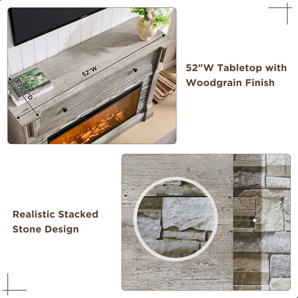 52" Electric Fireplace TV Stand with Mantel, Light Rustic Oak