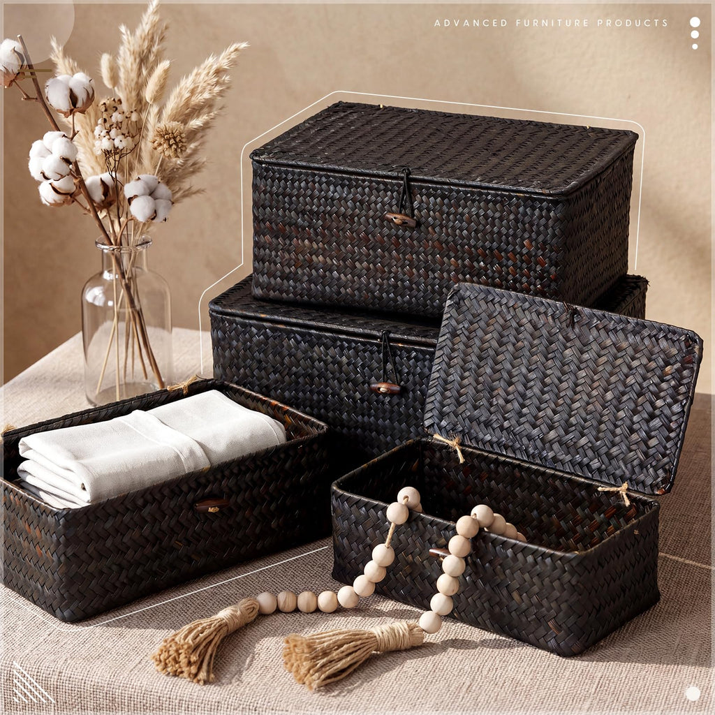 4 Pcs Wicker Basket with Lids, Black, 13 x 9 x 6 Inch
