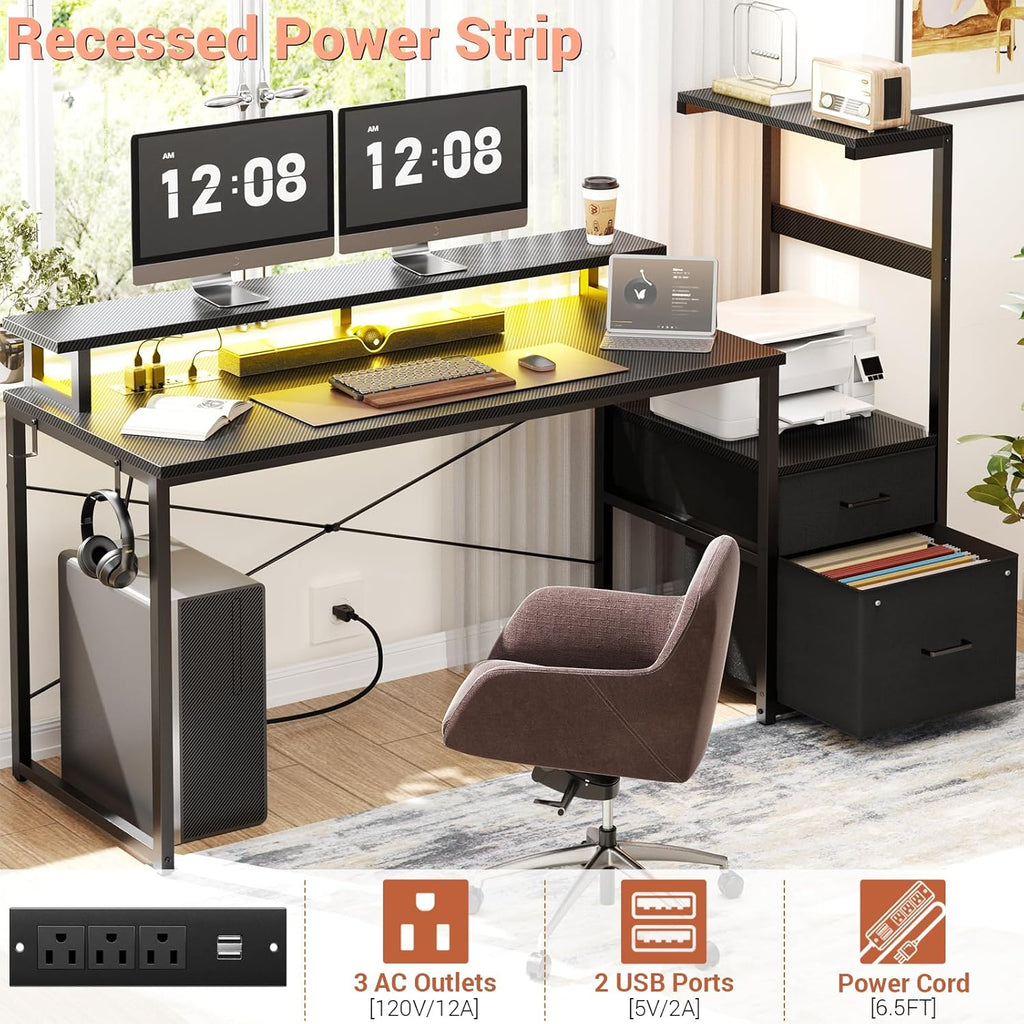 59" Gaming Desk with RGB LED & Power Outlet &PC Case/Printer Stand | Reversible Computer Desk with Monitor Stand &