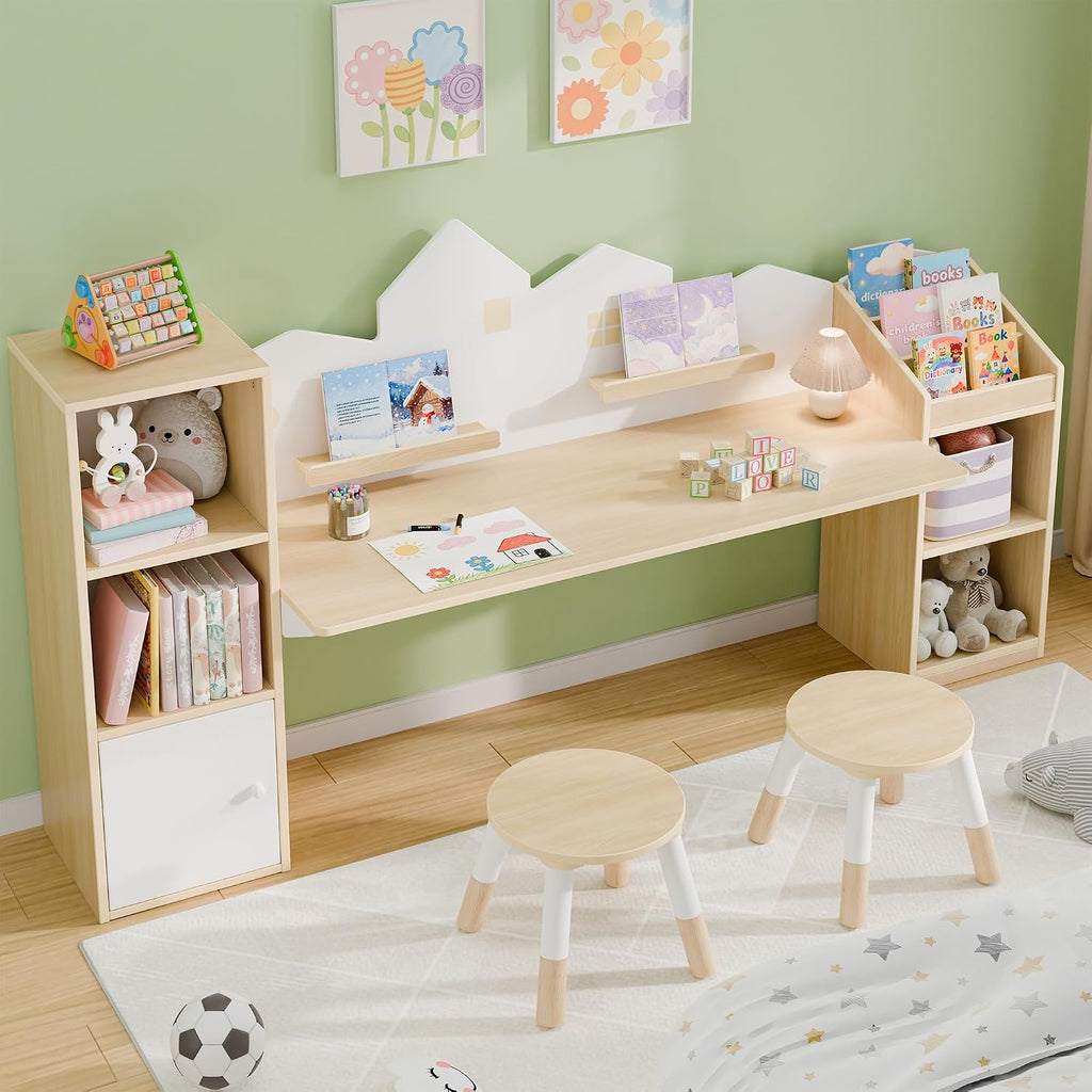Kids Desk with Bookshelves and 2 Stools, Wooden Kids Desk and Chair Set with 5 Storage Cabinets, Children Writing