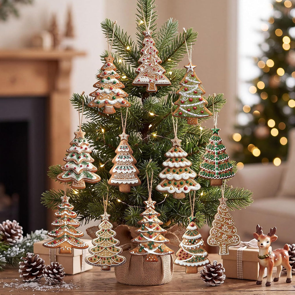 Christmas Gingerbread Tree Ornaments Set Wooden Christmas Hanging Decoration Green Xmas Tree Crafts Indoor - Set of 36