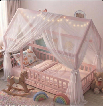 Montessori Floor Bed, White Wooden Canopy Bed, Pink