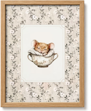 Cute Mouse Wall Art Framed Teacup Floral Canvas Picture Cottagecore 16x24