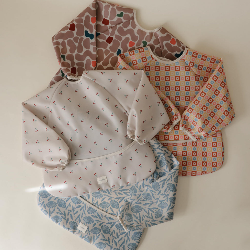 Long Sleeve Baby Bib | Water Resistant Adjustable Fit (Blue Flowers)