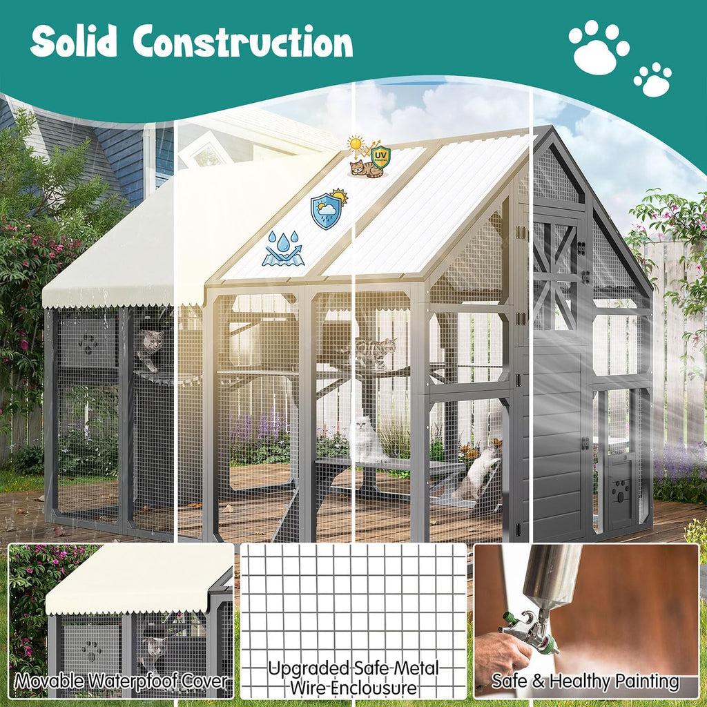 Extra Large Outdoor Catio for Multiple Cats, Walk-in Wooden Cat Enclosure with Bridges, 8 Platforms, 2 Resting