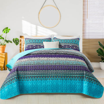 Boho Quilt Set, Blue Bohemian Quilt Bedding Set, Lightweight Microfiber Bed Decor Bedspread for All