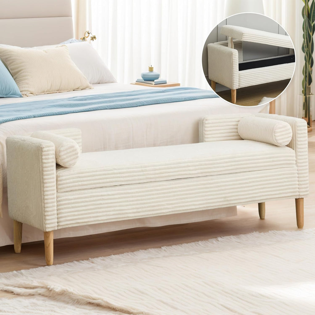 65.35" W End of Bed Bench King Size, Upholstered Large Storage Ottoman Bench with Bolster Pillows & Armrest, Window