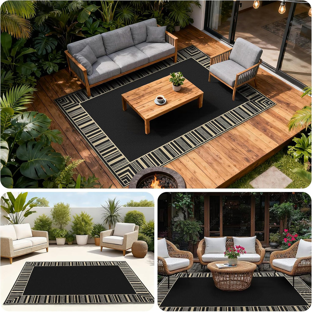Striped Border Outdoor Rug 5x7 Area Rugs, Washable Rugs Non Slip, Farmhouse Neutral Patio Carpet for Backyard Dining