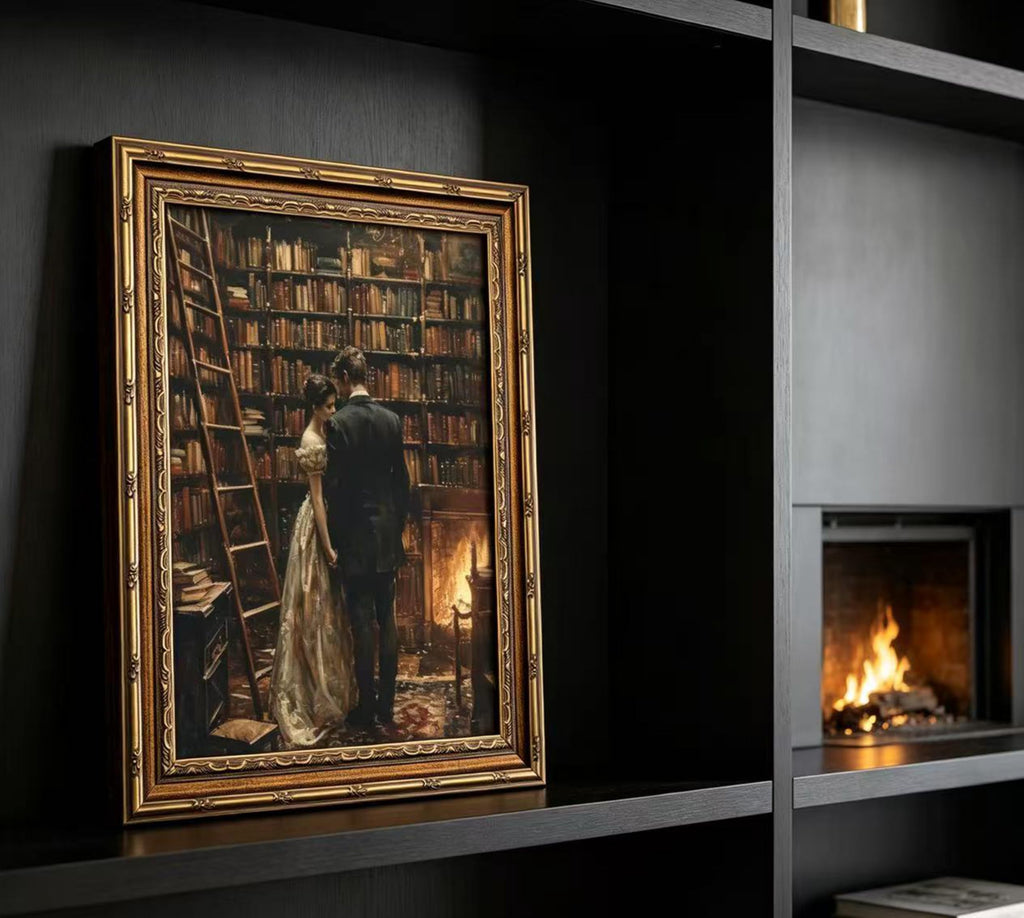 Vintage Gold Framed Library Couple Wall Art, Dark Academia Romantic Canvas Print, Moody Romantic Victorian Library
