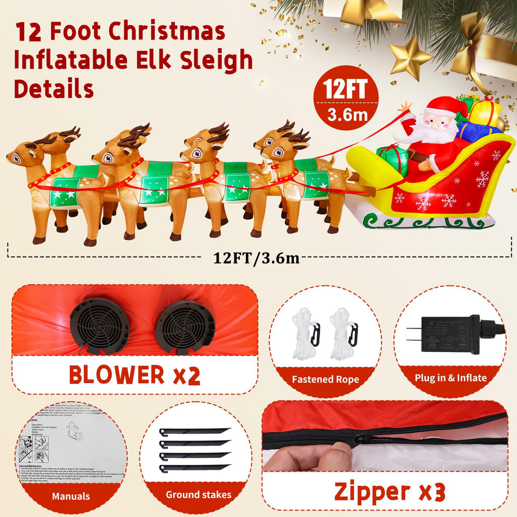 12 FT Christmas Inflatables with Santa Claus Reindeer Built-in LED Lights Blow Up Christmas Decor for Christmas Party